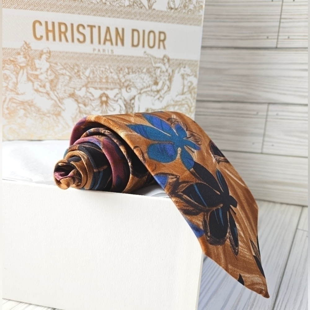 Christian Dior Brown Multi Abstract Floral Wide Necktie